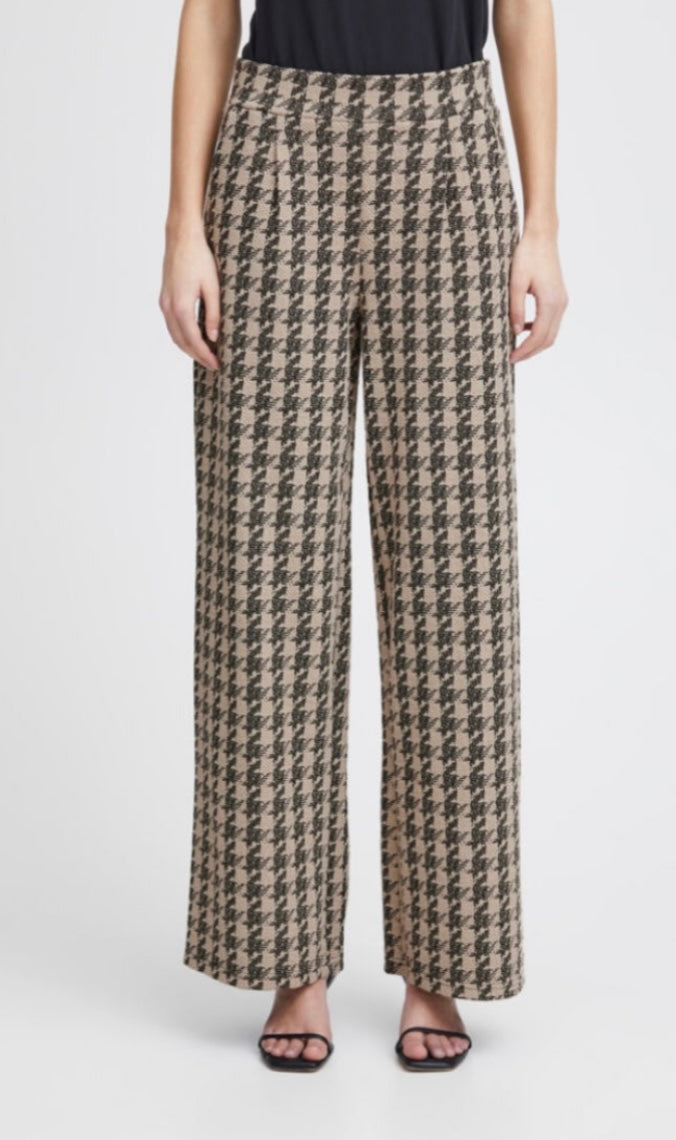 ICHI Brown/Black Detailed  Wide Elastic Band Pant