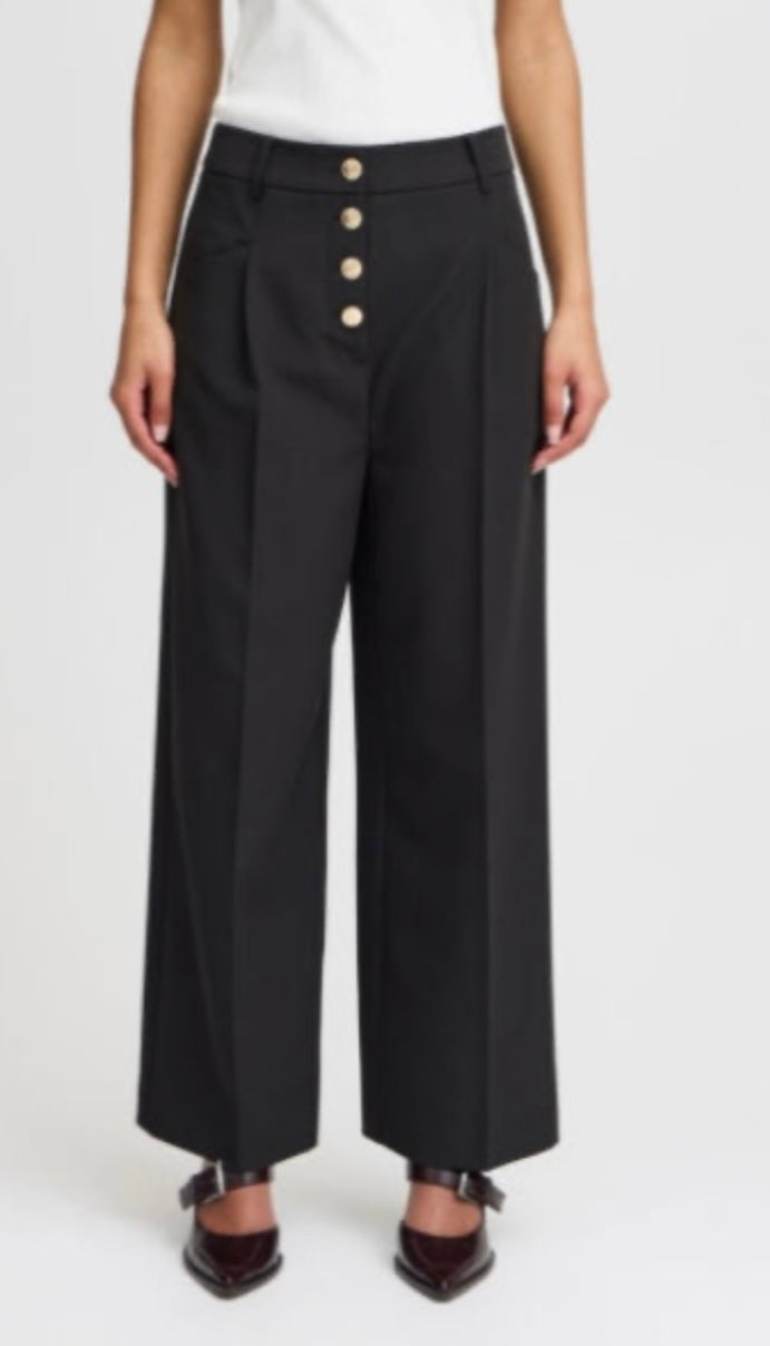 Ichi Black Ankle Front Buttoned Pant