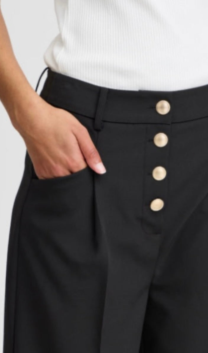 Ichi Black Ankle Front Buttoned Pant