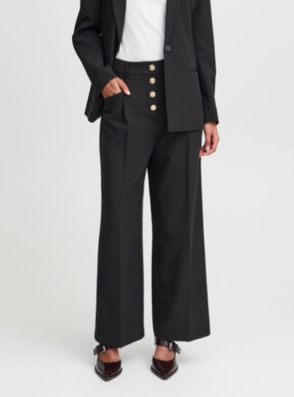 Ichi Black Ankle Front Buttoned Pant