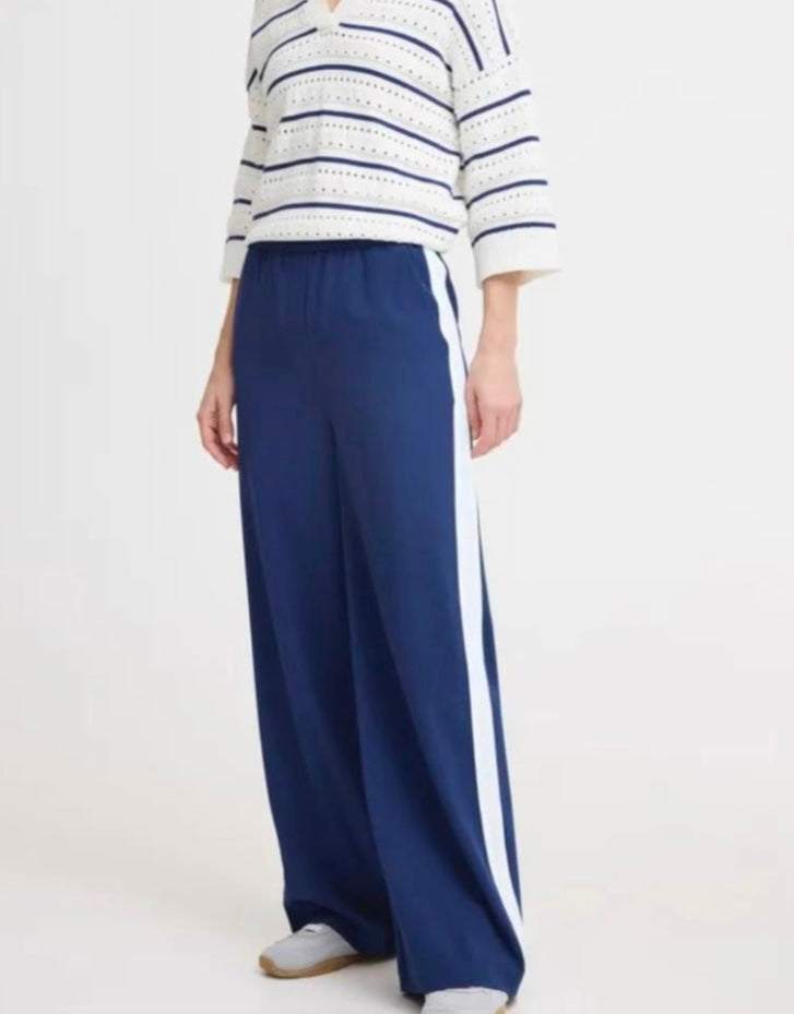 ICHI Blue Side Pickets White Striped Pants