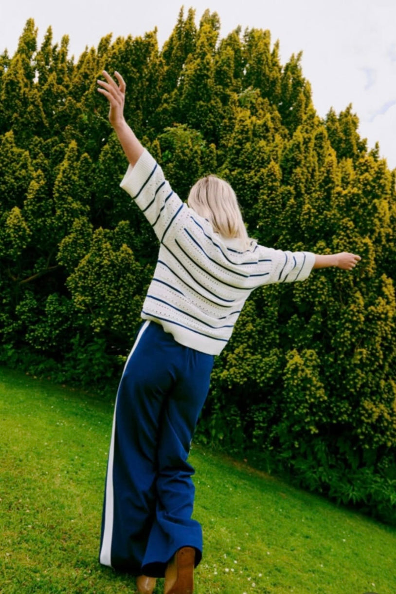 ICHI Blue Side Pickets White Striped Pants