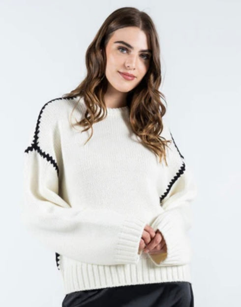 C’est Moi Ivory Knit With Black Piping Sweater