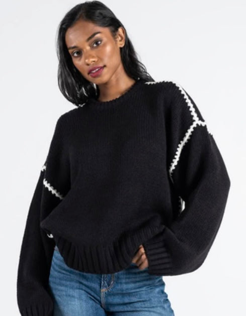 C’est Moi Black Knit With White Piping Sweater