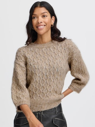B young Taupe Knit Cable 3/4 Sleeve Sweater