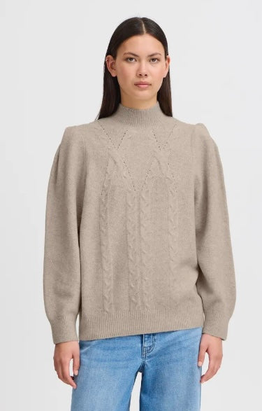 ICHI Taupe Knit Detailed Sweater