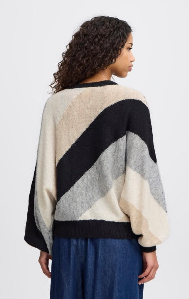 ICHI Grey Black Beige Bat Sleeve Sweater