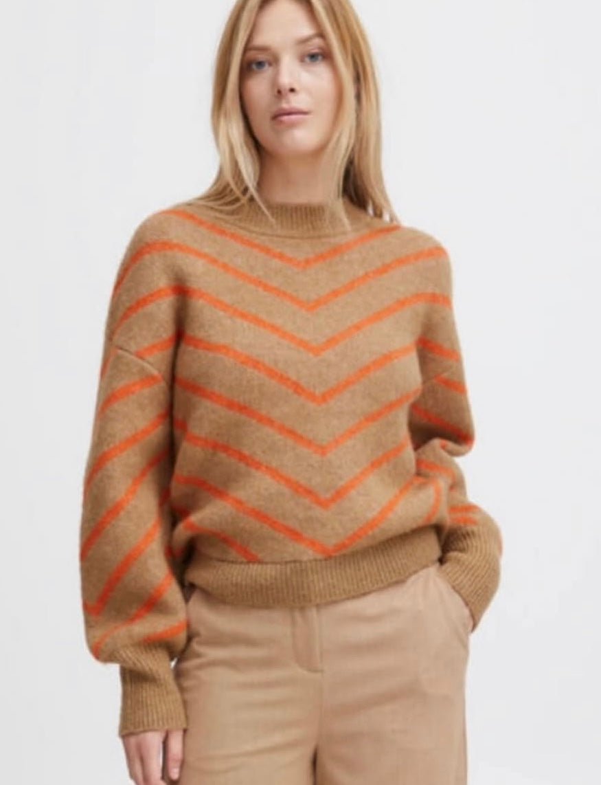 B young Taupe/Orange Stripe Sweater