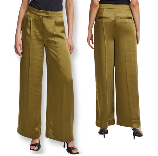 B young Olive Satin Wide Leg Pant