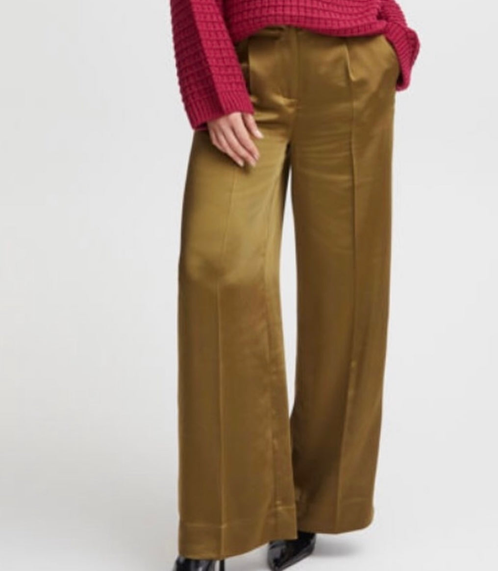 B young Olive Satin Wide Leg Pant