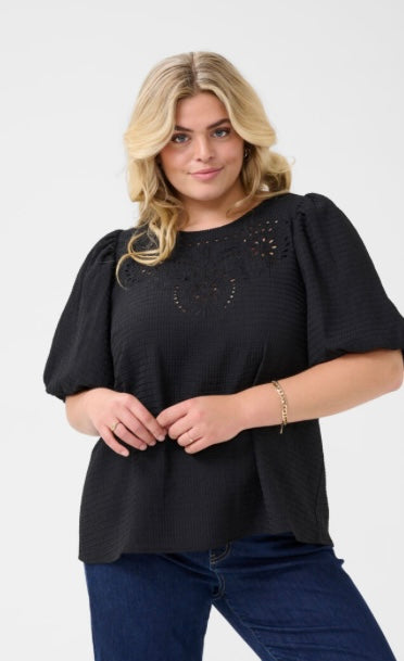 Kaffe Curve Black Eyelet Puff Sleeve Blouse