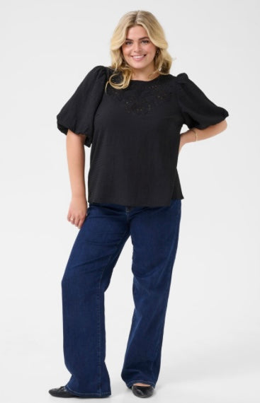 Kaffe Curve Black Eyelet Puff Sleeve Blouse