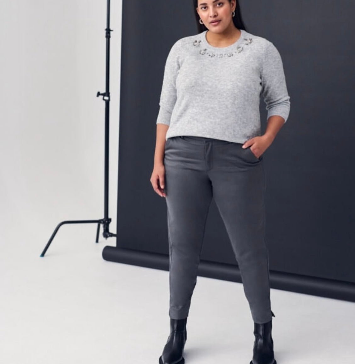 Kaffe Curve Grey Knit Sweater with Rhinestones