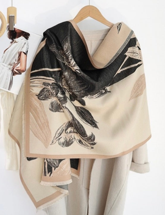 Floral Black Print Beige Scarf